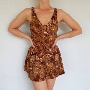 Vintage 90s Maxine brown bronze paisley skirted swimdress swimsuit size 12